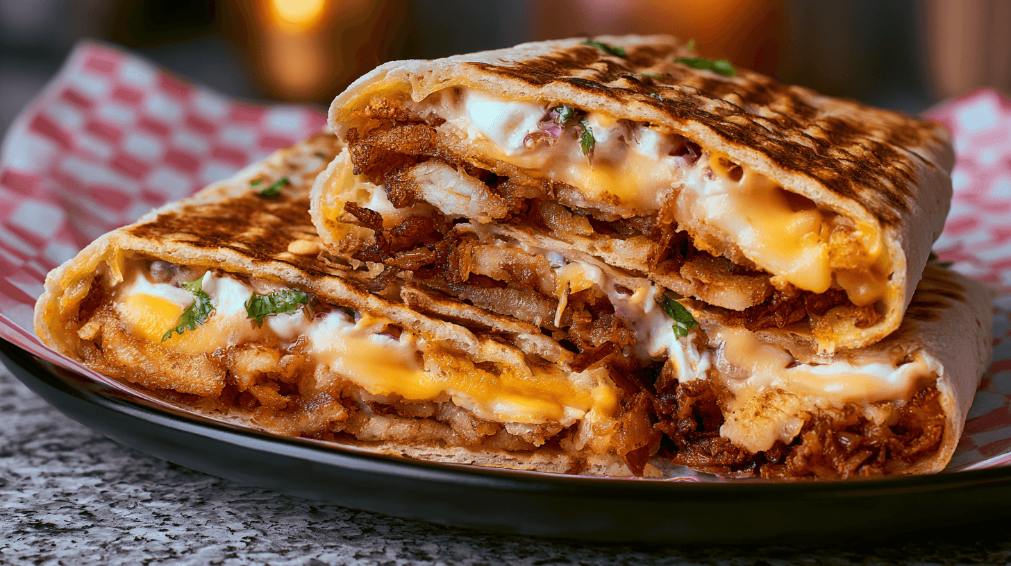 Tacos français grillé, coupé en deux, fromage fondant et frites